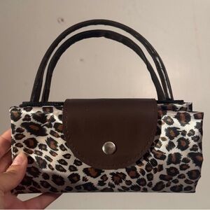 Leopard Print Portable Collapsible Tote Bag Handbag with Brown Accents | NEW